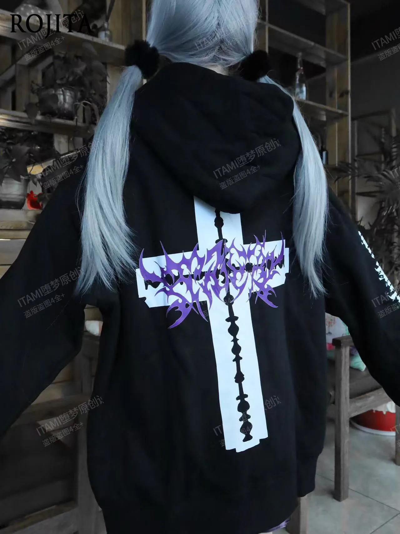 

Autumn Winter Lamb Wool Thick Oversize Mass-Produced Dark Subculture Sweatshirt Cross Print Hooded Sweatshirt Women