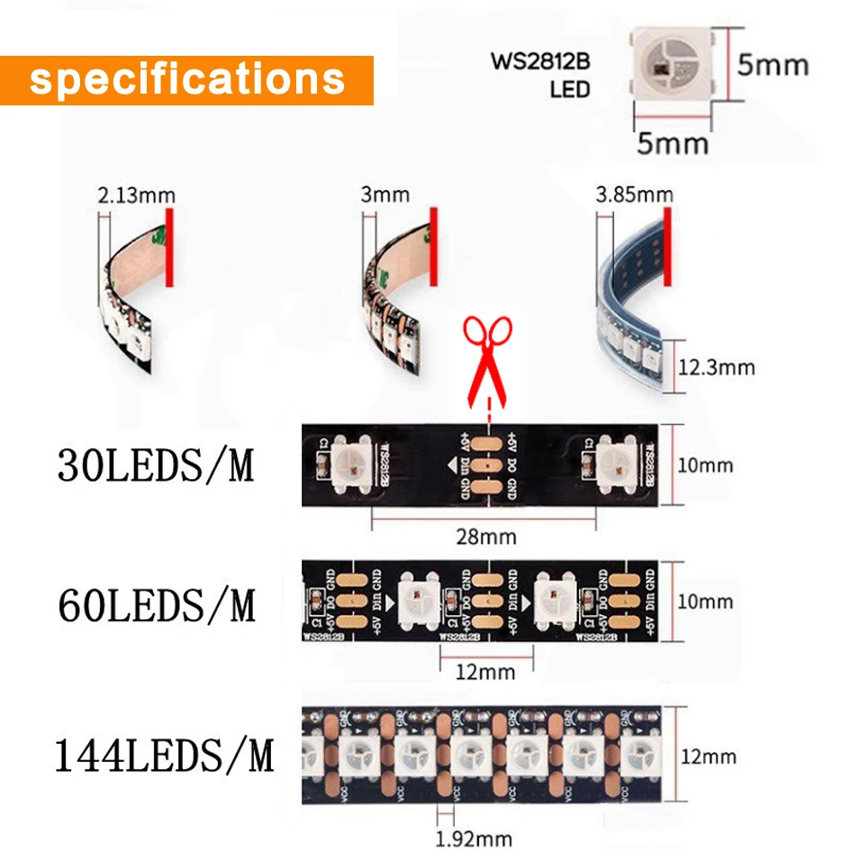 WS2812B Led Strip WS2812 RGB Individually Addressable Smart Led Lights Strip IP30/65/67 Waterproof 0.3W/LED DC5V