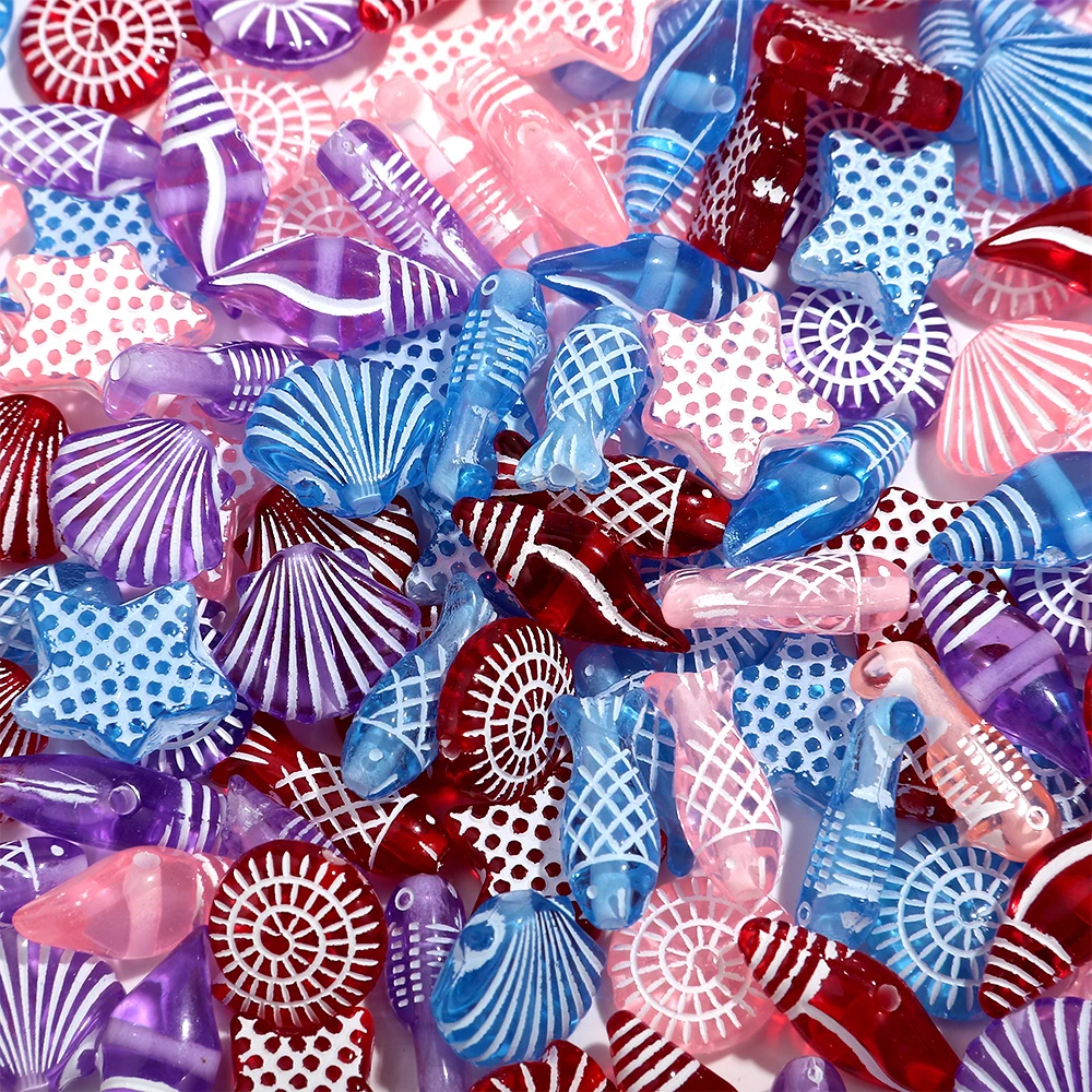 30 g zufällige gemischte Acryl-geprägte Fische, Seestern, Marine-Muschel, lose Perlen für DIY-Halskette, Schmuckherstellung, Bastelzubehör