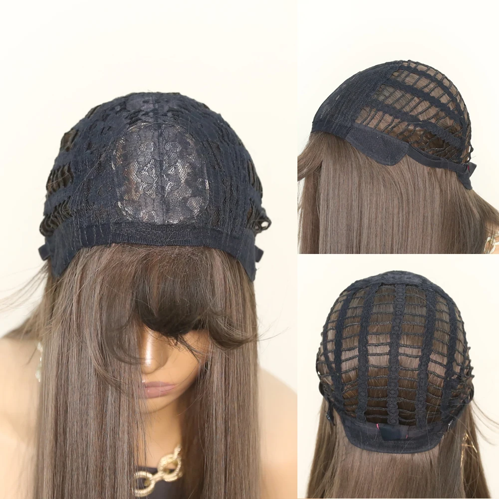 22inch Long Straight Synthetic Wigs for Women Natural Hair Bangs Brown/Linen 2 Color High Temperature Fiber Cosplay Party Daily
