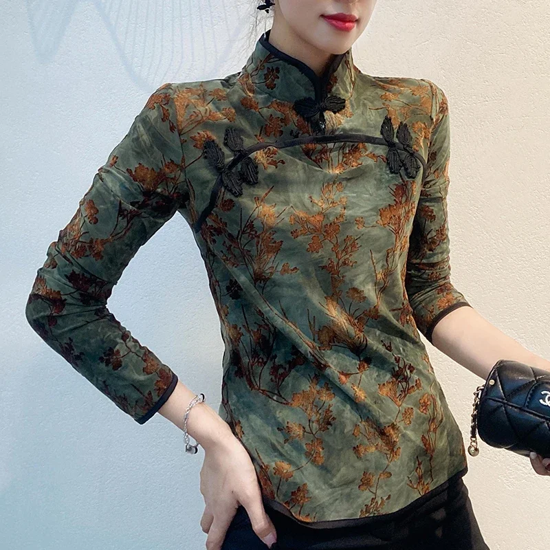 Chinese style retro button up top women standing collar shirt long sleeve base shirt