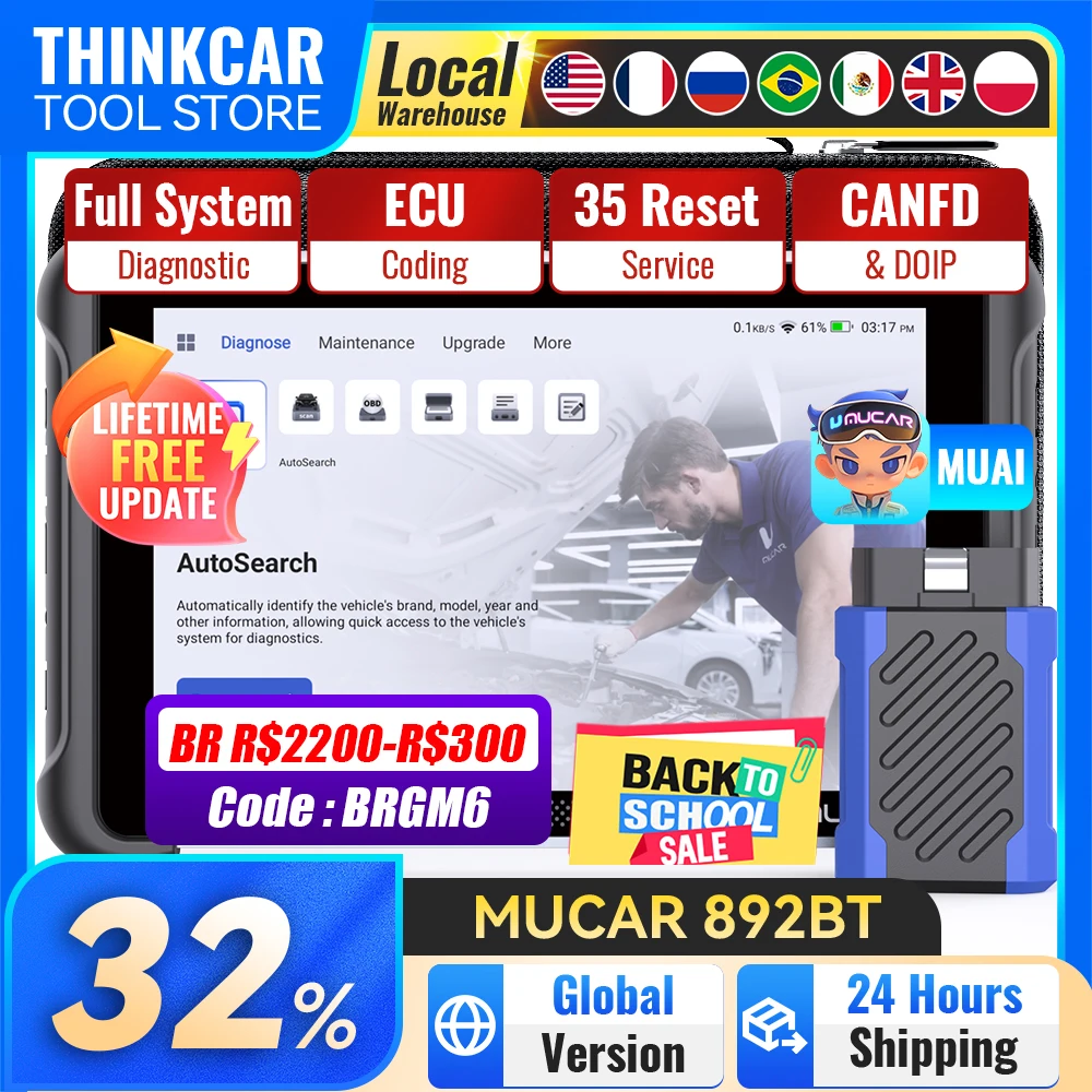 MUCAR 892BT OBD2 Scanner Full System Diagnostic Tools 34 Reset Lifetime Free Update BI-Direction DOIP CANFD 2025 Automotive Tool