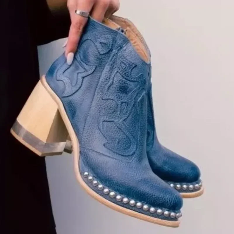 

Pop Autumn Winter Women Short Boots Retro Style Western Knight Booties Pointed Toe Square Heels Female Shoes