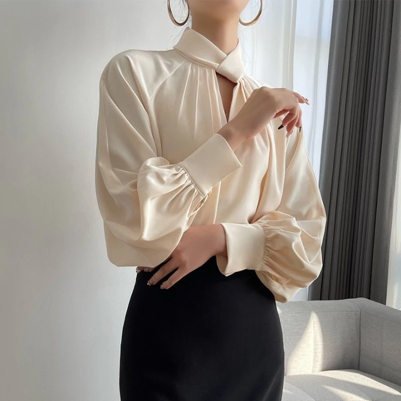 New Woman Elegant Fashion Satin Blouses Female Irregular Temperament Tops Office Ladies Long Lantern Sleeve Shirt Clothes Q125