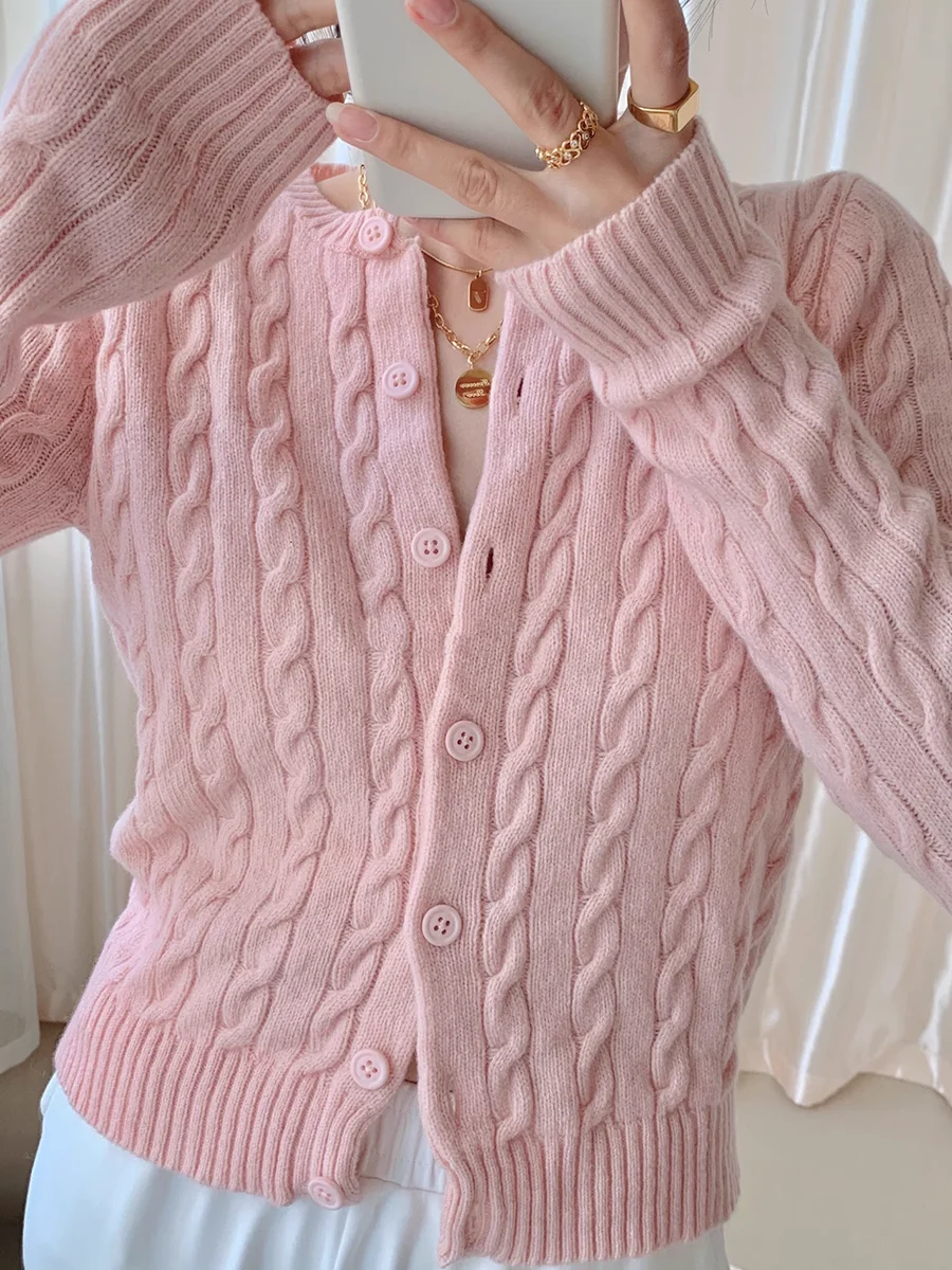 Twisted Flower Pink Cute Cardigan Sweater Woman O-Neck Long Sleeve Single Breasted Cotton Outerwear Autumn Casual Loose Sweaters