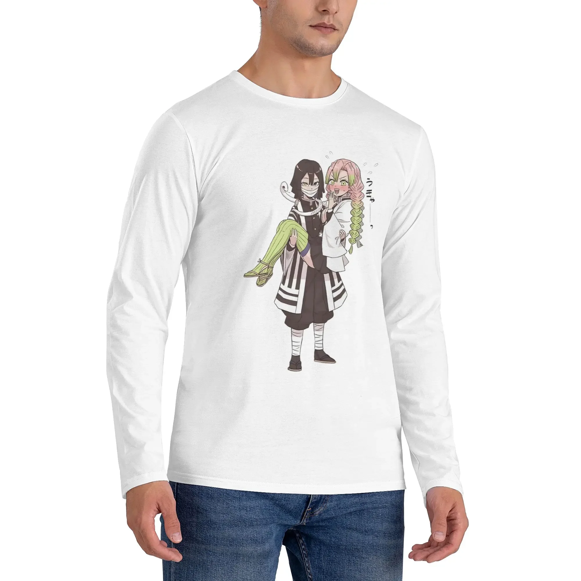 

Mitsuri Kanroji and Iguro Obanai Men's Long Sleeved T-shirt Breathable Round Neck T shirts Spring and Autumn Men tops