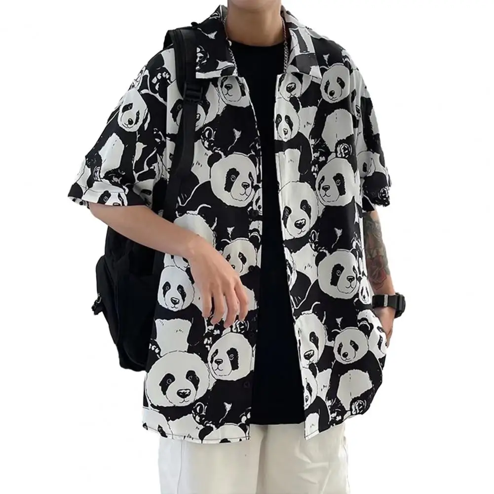 

Summer Shirt Men's Summer Panda Printed Shirt Casual Loose Fit Streetwear Fashion Tee Single-breasted Lapel Short for Luxury