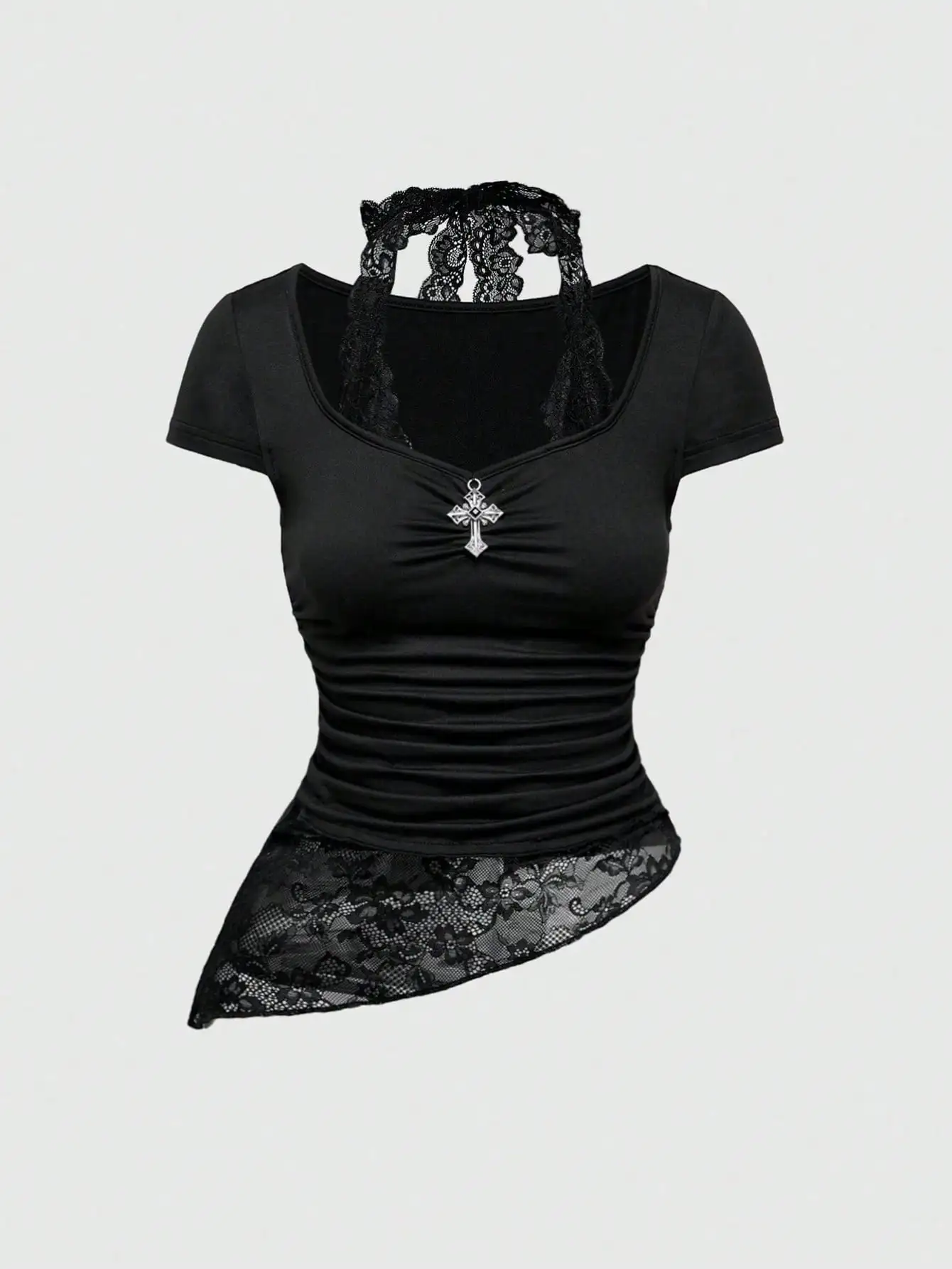 

Gothic Punk Women's T-Shirt with Lace Halter Neck, Cross Pendant & Asymmetrical Hem