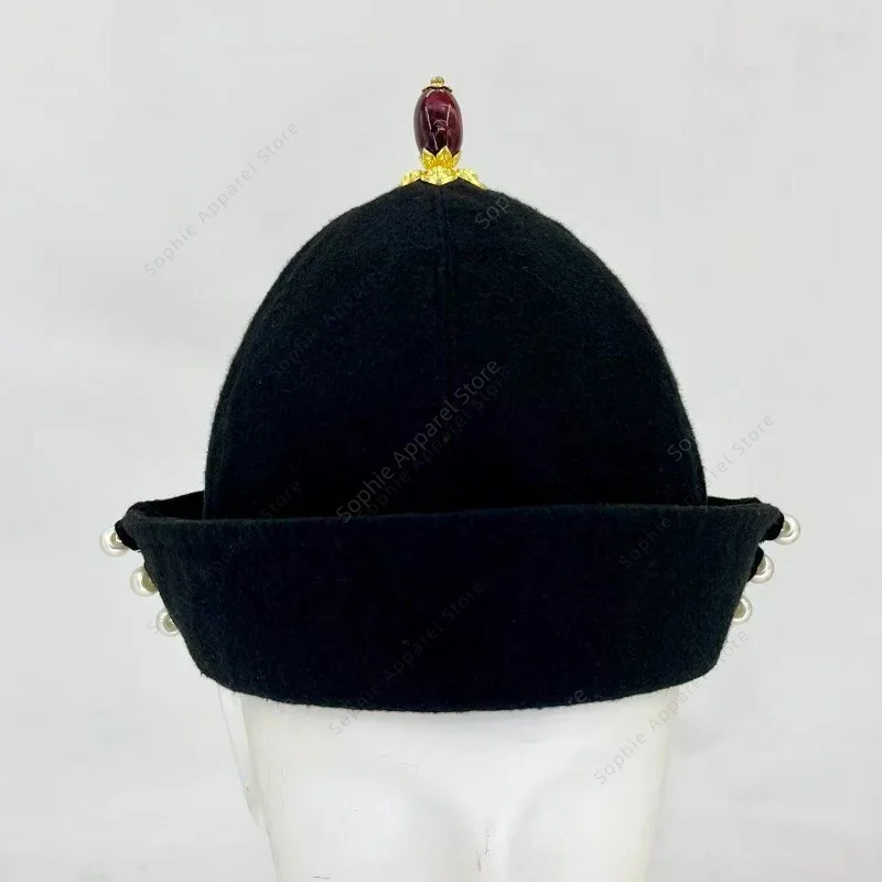 Ming Dynasty Style Folded Brim Hat for Women Men Retro Chinese Hanfu Accessories Elegant Pearl Winter Warm Cap Vintage Headwear