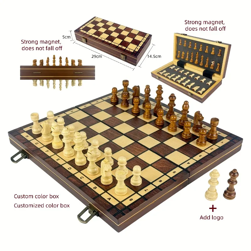 Children's High Luxury Portable Wooden Chess Box Magnetic Pieces Foldable Board Storage Slots Travel School Business-Family Game