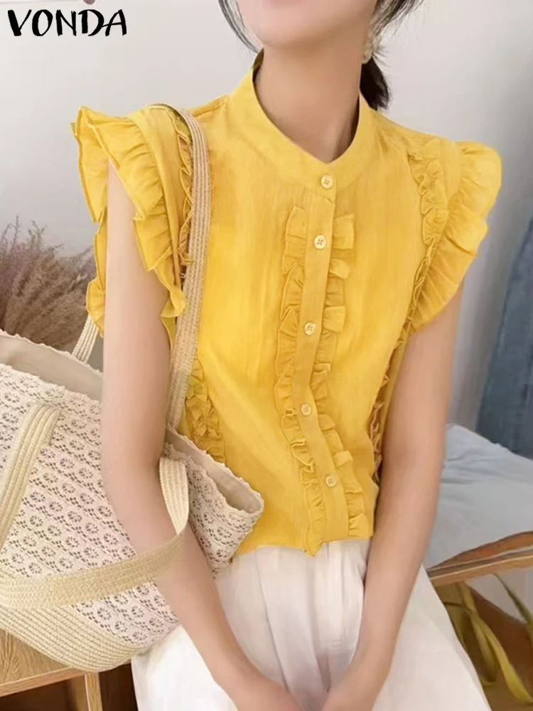 VONDA Summer Women Korean Shirts Short Sleeve Ruffled Blouses 2025 Fashion Buttons Solid Tunic Tops Casual Elegant Sweet Blusas