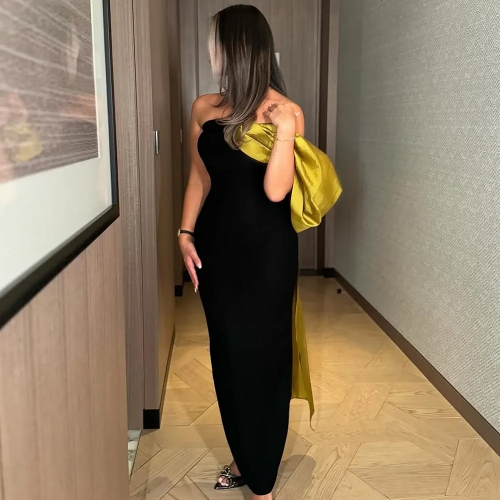 

Customized Modern Style Matching Jersey Ruched Straight Strapless Ankle Length Dresses Bespoke Occasion Dresses Sizes Available