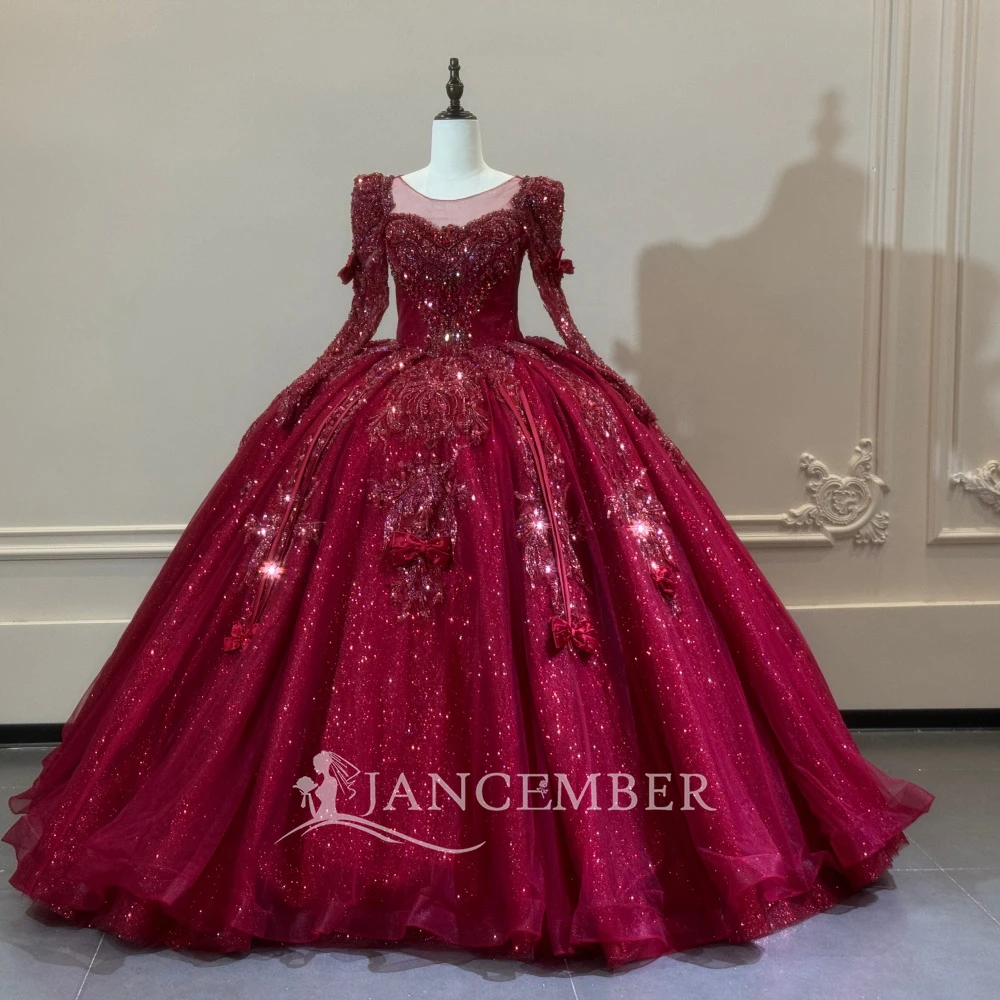 Charming Burgundy Ball Gown Customized Wedding Dresses For Bride 2026 Long Sleeves O-Neck Beading vestidos de novia boda