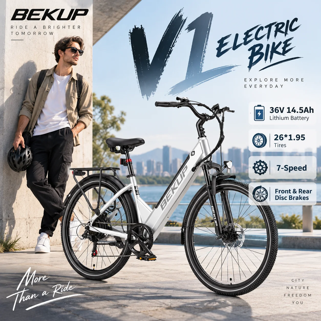 BEKUP V1 Bici Elettrica da Città 26" con Motore Posteriore 250W, Max 25km/h, Batteria al Litio Rimovibile 36V 14.5Ah, 7 Velocità, Doppio Freno a Disco, Ammortizzatore Anteriore, Schermo LCD, Freno e