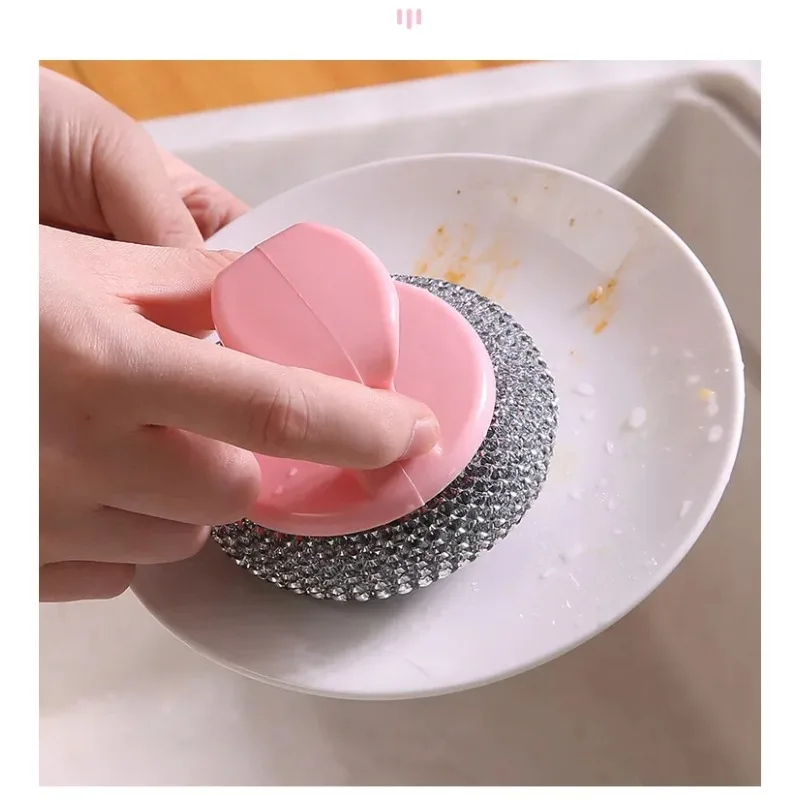 1/5 Pcs Non Damaging Pot Cleaning Ball PET Ball Non Steel Wire Ball Pot Brush Kitchen Belt Handle Plastic Steel Replaceable Ball