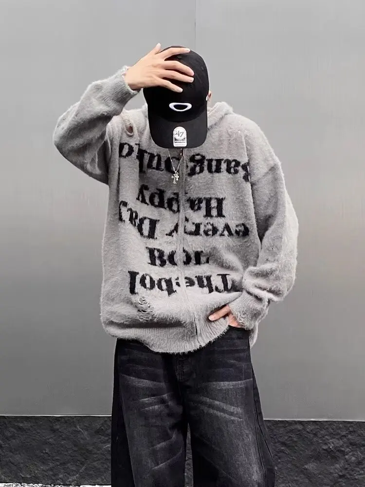 

Men's Zipper Knitted Hoodie Sweater Letter Embroidery Oversized Comfortable Warm Casual Outerwear for Autumn Winter