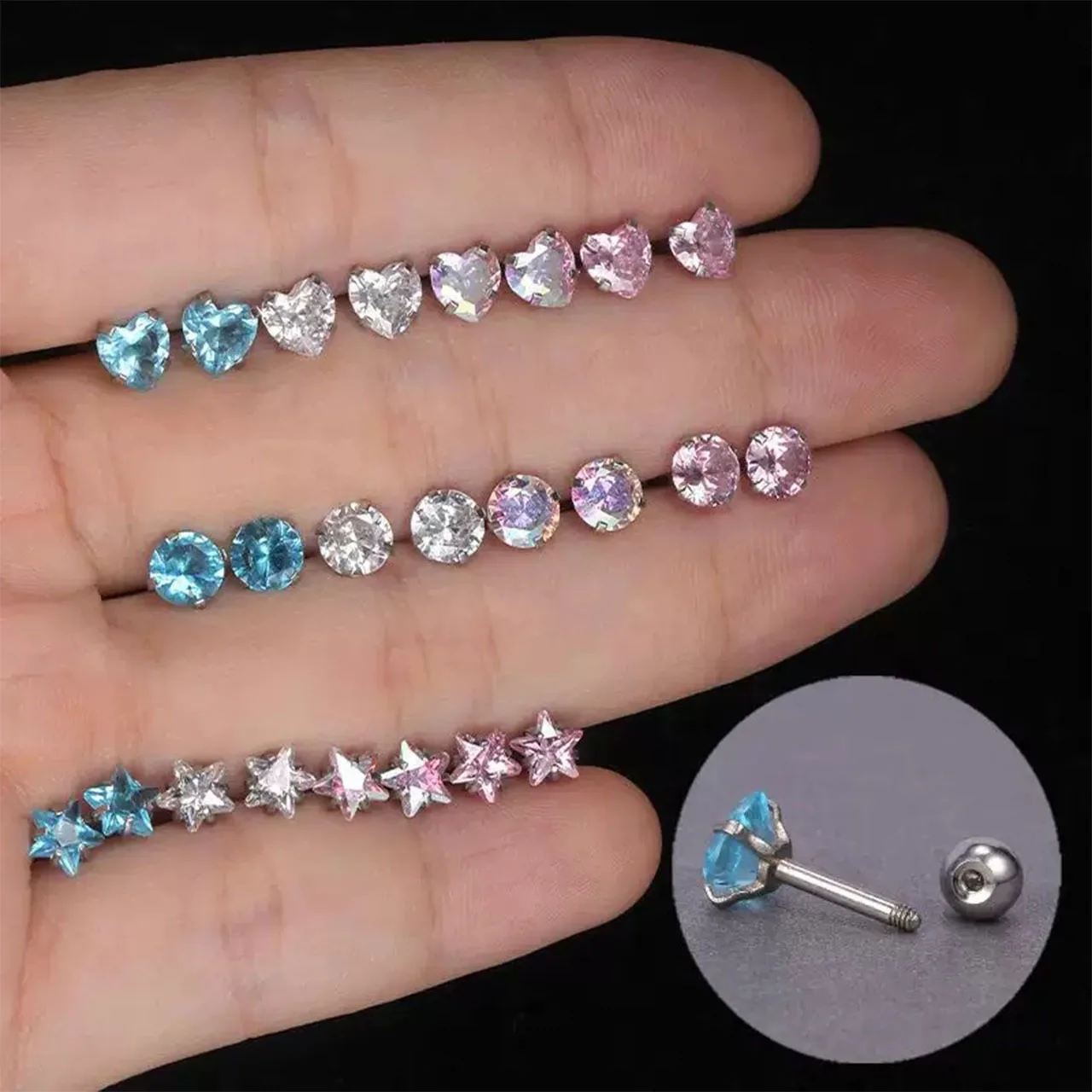 Größe 4mm, schlichter Stil, Damen und Herren, Edelstahl, 4 Farben, AAA, quadratische, runde, herzförmige Zirkon-Ohrstecker, kein Verblassen, allergiefrei – Detail 2