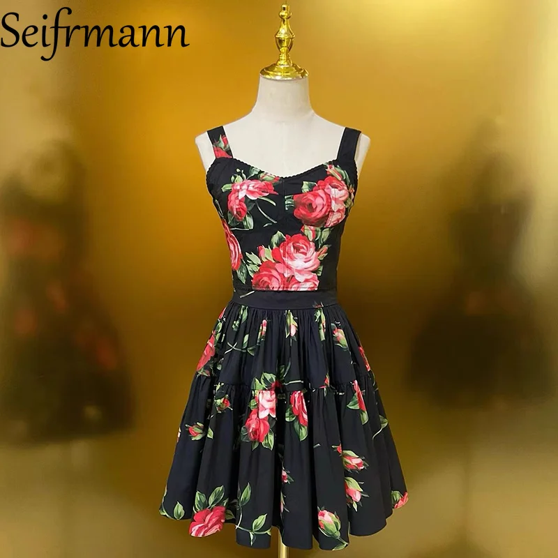 

Seifrmann 2026, весенний женский новый модный и элегантный хлопковый топ с принтом на бретелях + полуюбка, комплект из двух предметов