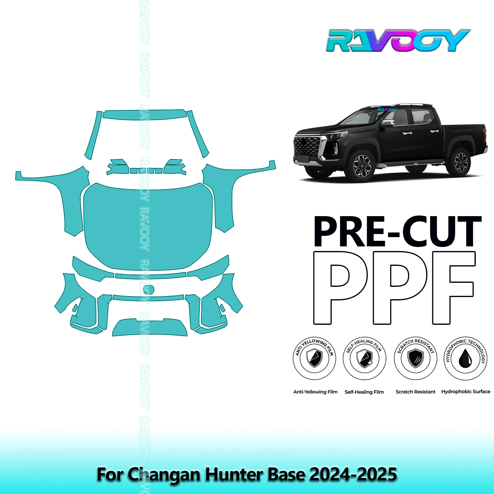 Para Changan Hunter Base 2024-2025, Kit Completo de Película Protectora de Pintura (PPF) Precortada de 8.5 Mil para la Parte Delantera, Protección Contra Desportilladuras de Piedras | Opciones en transparente/mate/negro