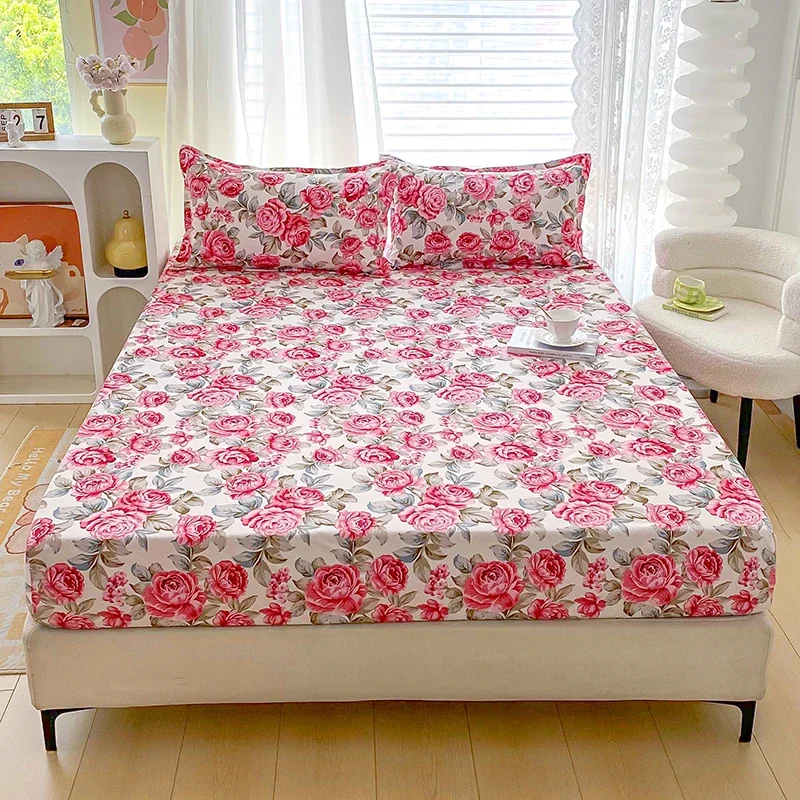 

Red Flower Printed Bed Sheet Sets Queen/King Size matrimonial Reactive Printed Fitted Bedsheets for Double Bed