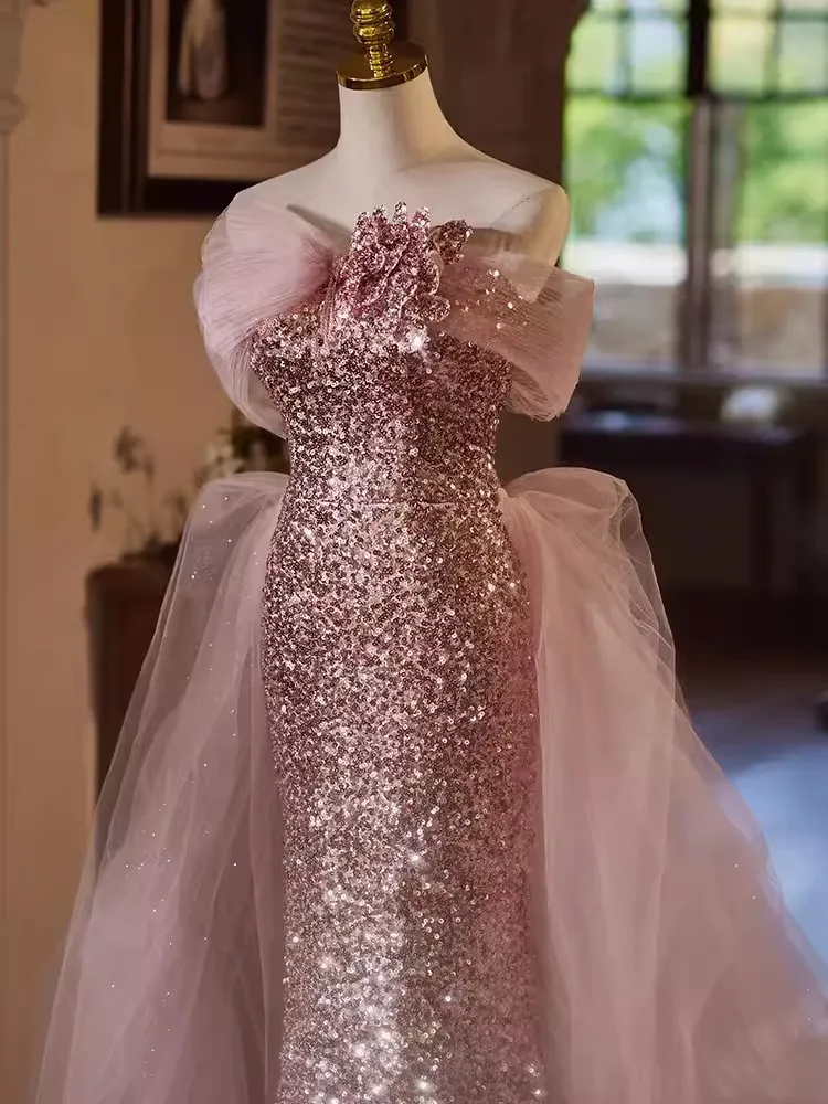 Robe de soirée sirène à paillettes pour femmes, longueur au sol, à lacets, tenue de soirée, Rhde fin d'année, mariage