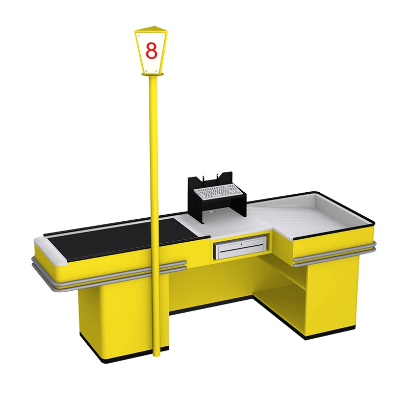 Custom color and size durable metal supermarket convenience store checkout counter with cabinet