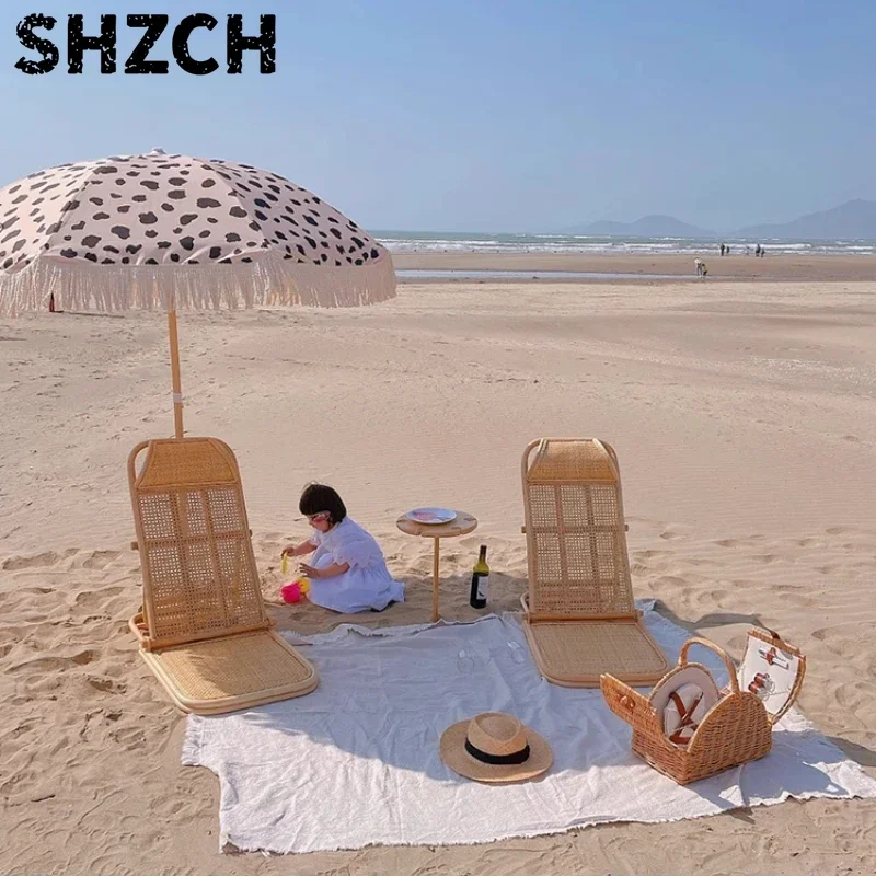 Ins Rattan Weave Beach Chair Foldable Lounge with Adjustable Backrest Portable Tatami Seat for Camping/Balcony Nordic Furniture