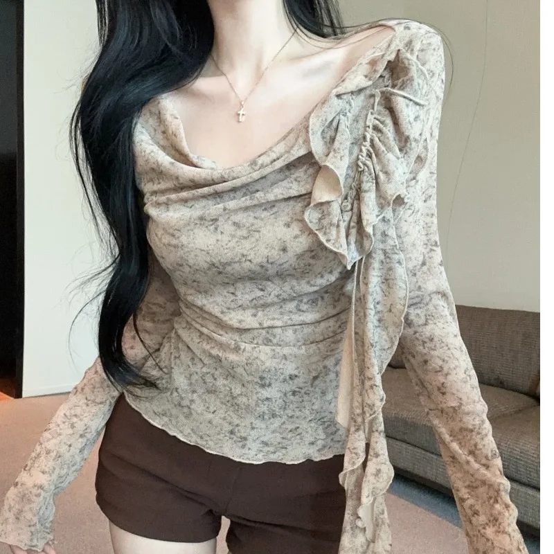 

Trendy Design Slimming Long Sve Irregular oulder Base Top for Autumn And Winter Versatile Faionable Ladies' Tee