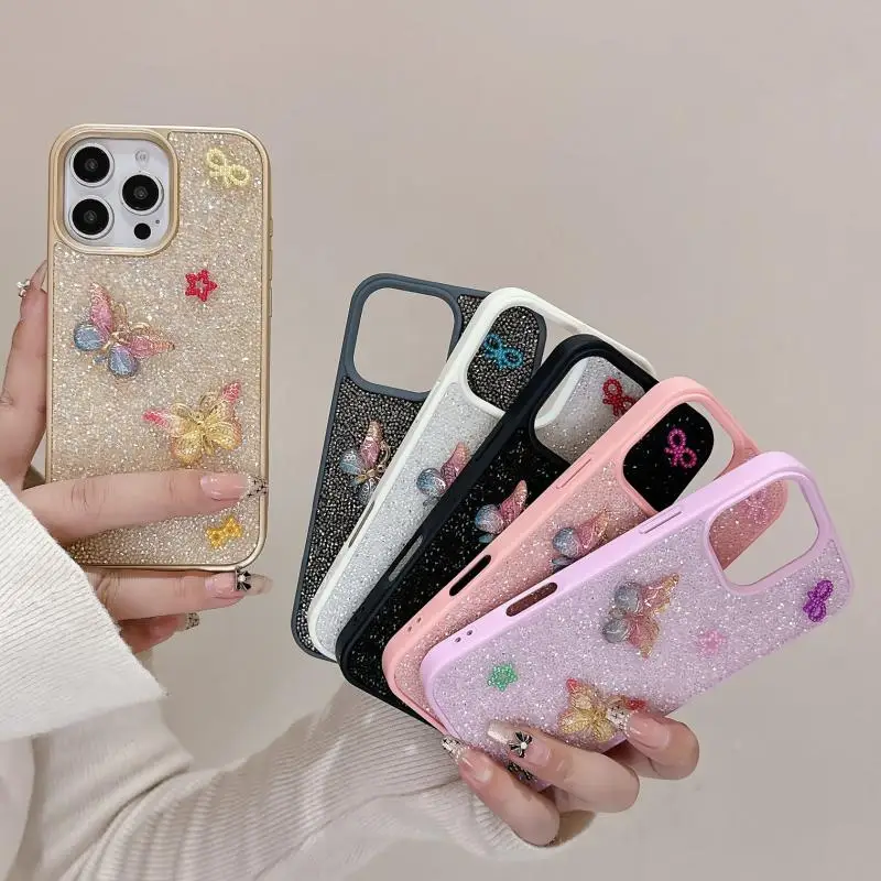 الفاخرة الملونة فراشة بريق حجر الراين جراب هاتف آيفون 16 15 14 13 12 11 برو ماكس زائد لامعة للصدمات الغطاء الخلفي