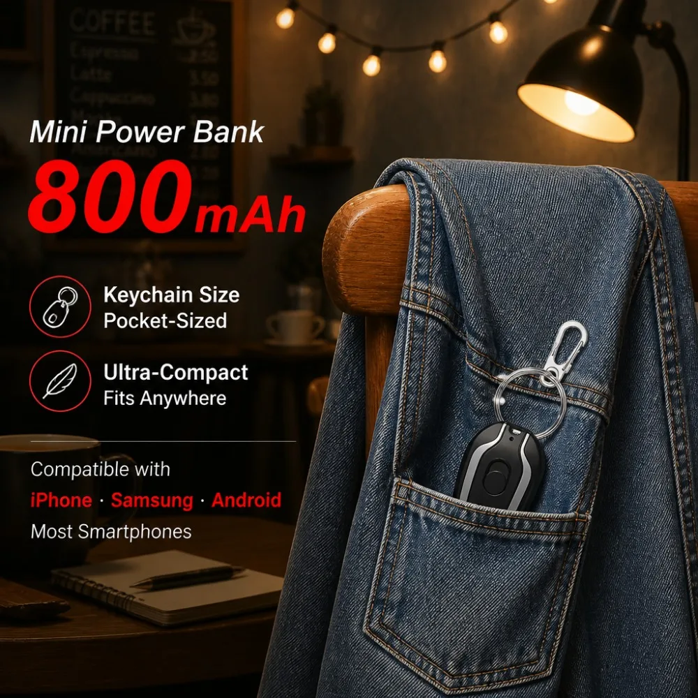 Mini Keychain Power Bank 800mAh Emergency Charger with Retractable Cable Pocket Battery for iPhone Samsung Travel Must-Have Gift