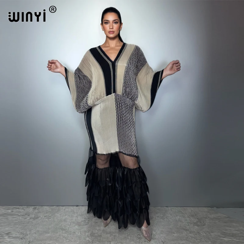 

Платье WINYI с плиссировкой и эластичной талией, пляжная накидка, мусульманский кафтан, абайя, роскошное длинное вечернее платье в стиле Дубай, кафтан для женщин.