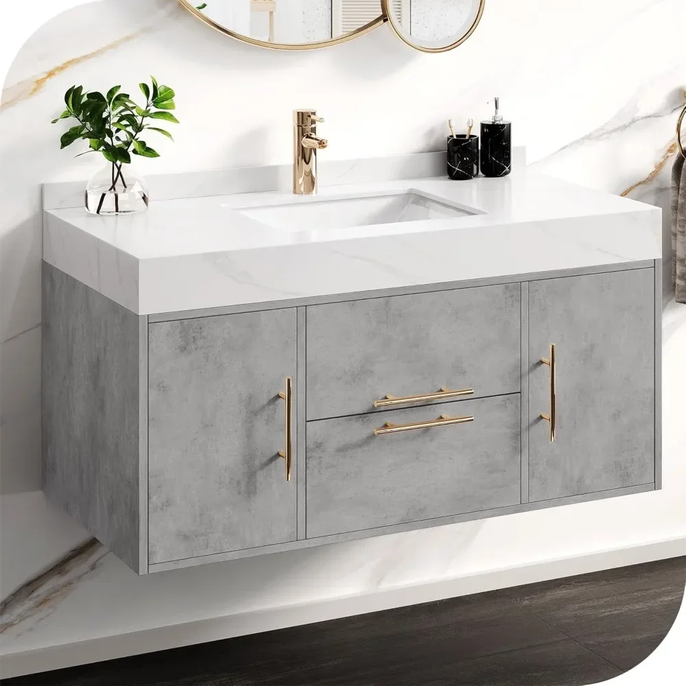 40 Inch  Grey Floating Bathroom Vanity Wall Mounted Bathroom Vanity with White Sintered Stone Countertop