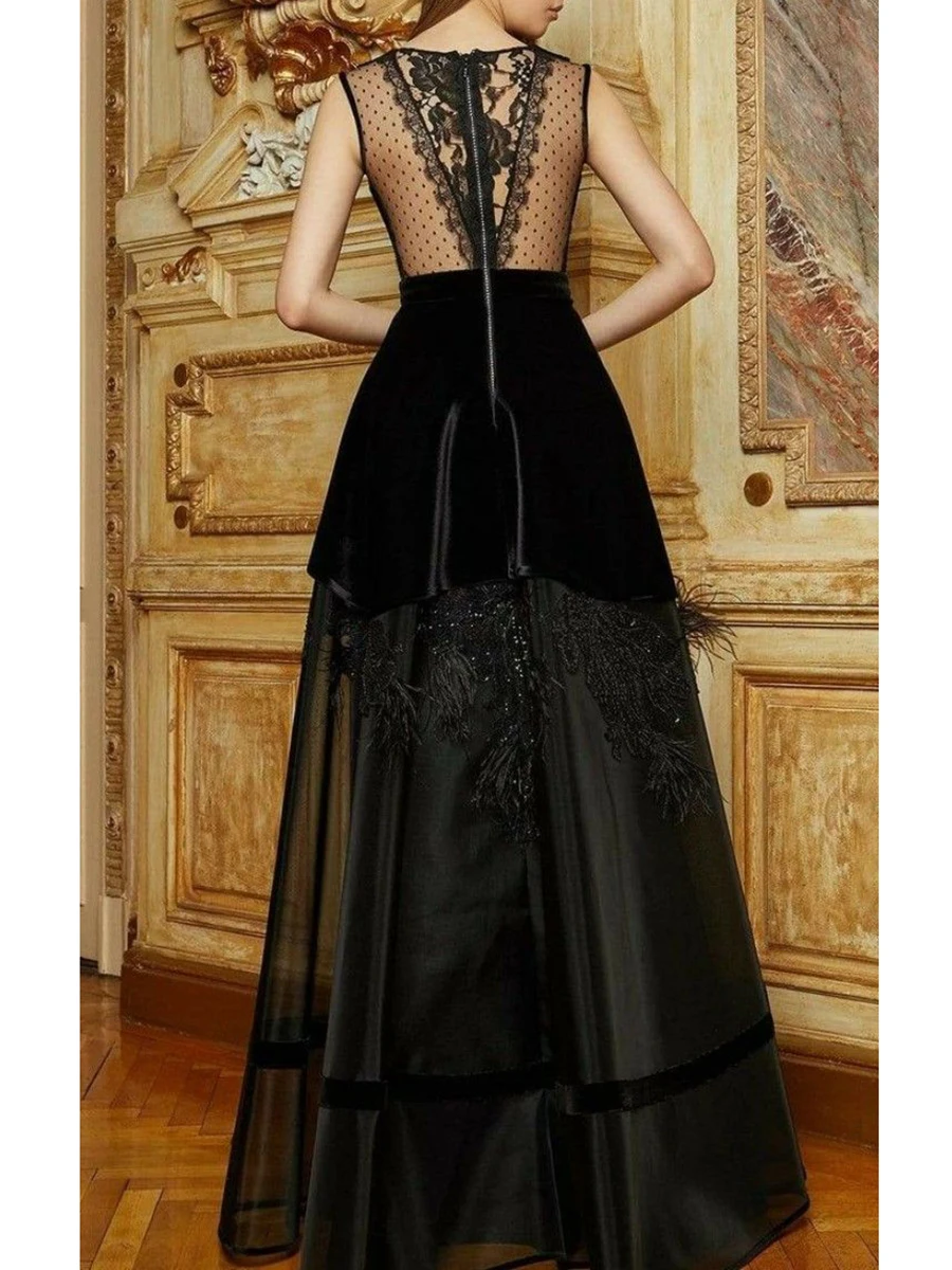 Customized Black Dresses Sexy V-Neck Floor Length Evening Formal Applique Sequined Feathers Dresses for Women vestidos de noche