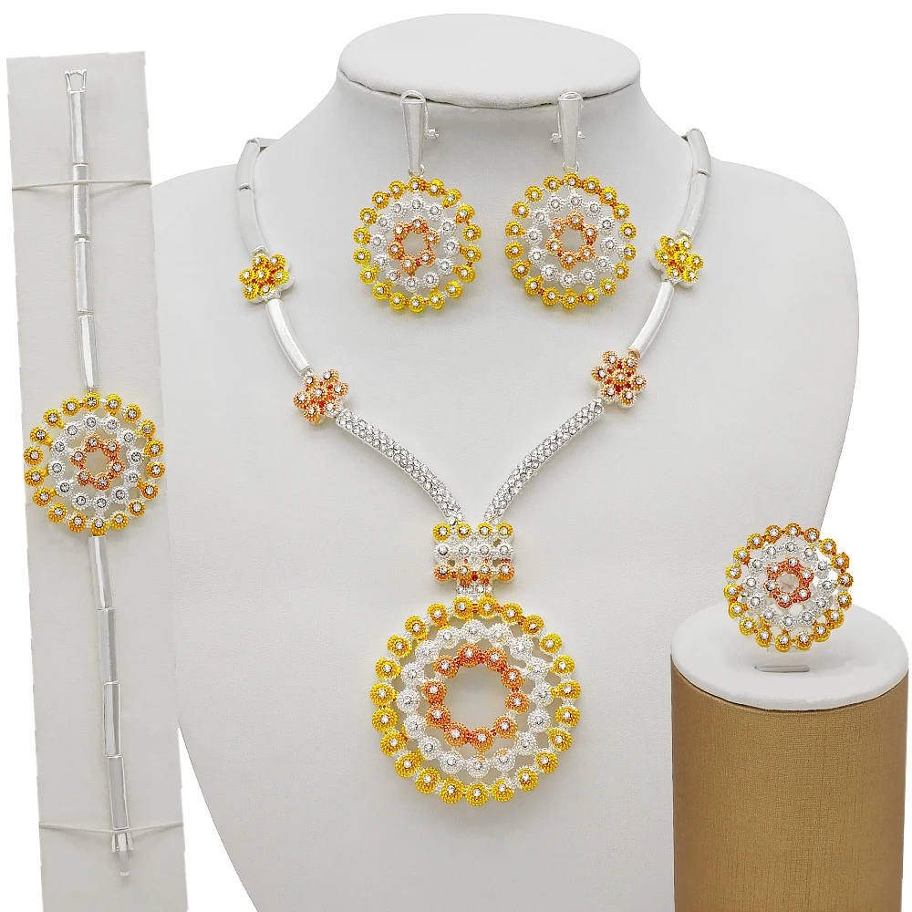 Dubai Gold Color Jewelry Sets For Women Crystal Round Statement African Necklace Earrings Bracelet Ring Set Wedding Party Gift