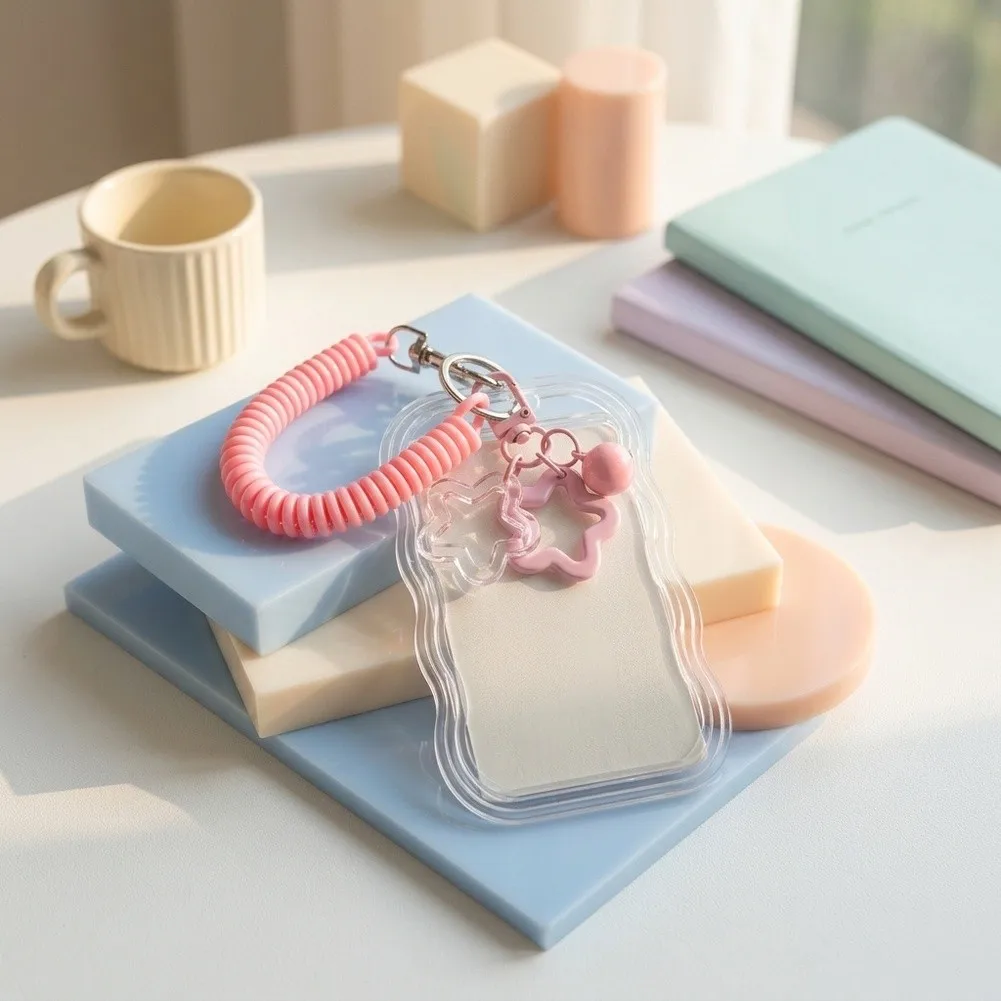 3-Piece Transparent Wave-Edge Silicone Card Holders with Elastic Coiled Lanyard and Decorative Star Bells for ID and Photo Cards