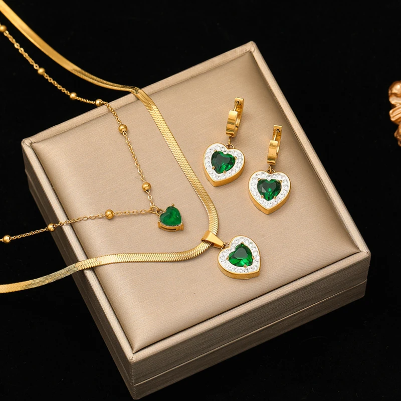 EILIECK 316L Edelstahl 1 Set Herzförmige Grüne Kristall-Halskette Ohrringe für Frauen Mädchen Mode-Schmuckset Geschenk Party – Detail 8