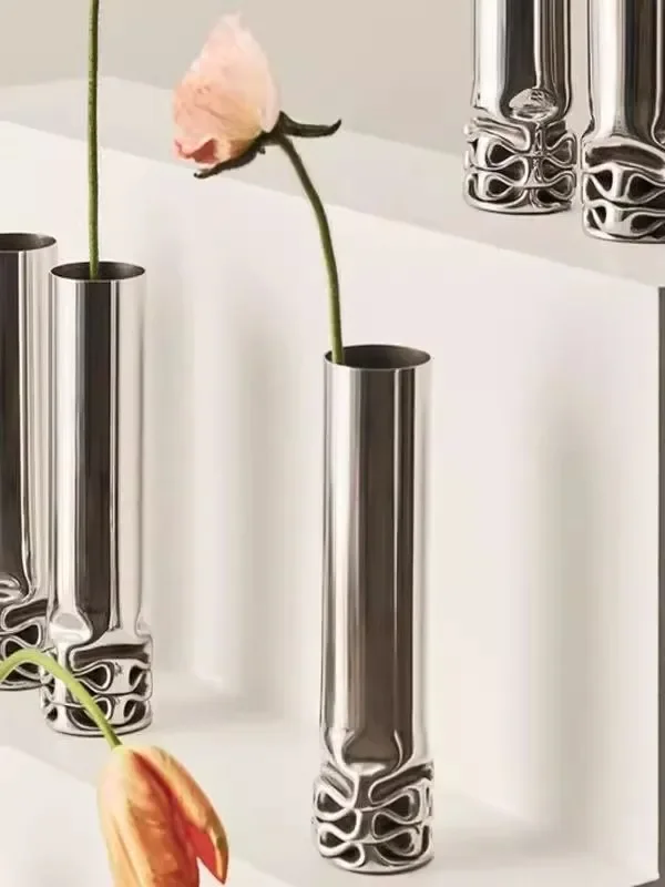 Artistic Creativity Design Stainless Steel Slender Long Vase Northern Europe Light luxury Living Room Desktop Decoration Vase