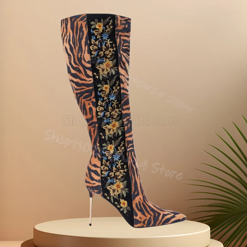 Brown Zebra Colorful Floral Print Metal Heel Boots Side Zipper Women Shoes Pointed Toe New Feast Dating 2026 Zapatos Para Mujere