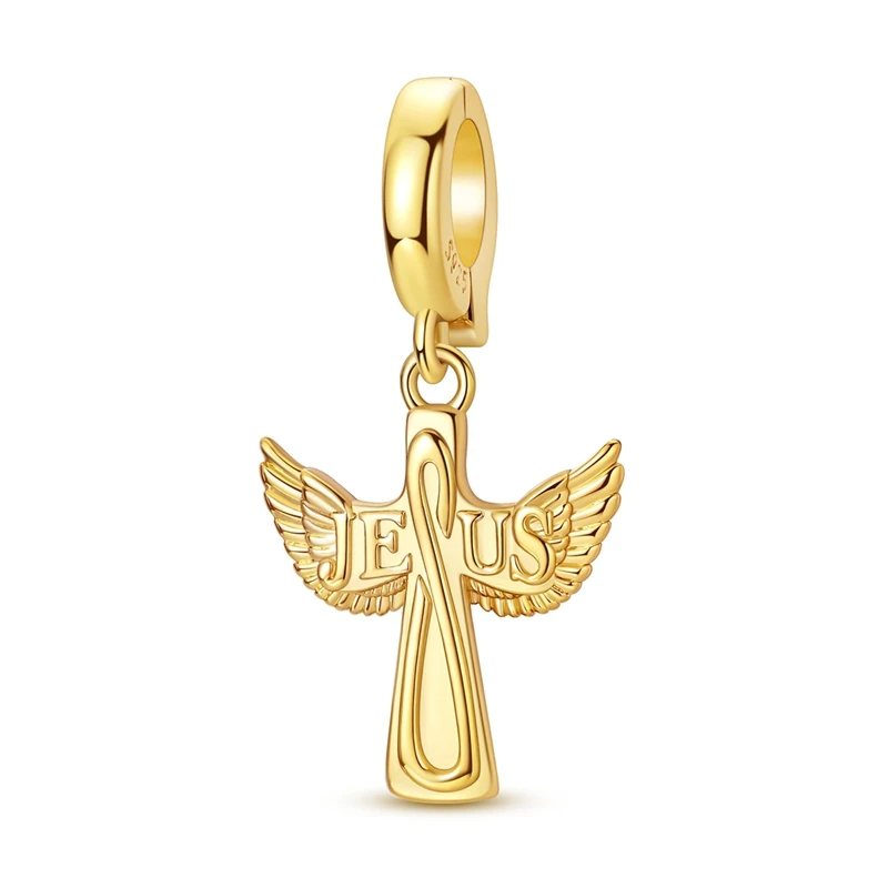 

925 Sterling Silver Charms Bead Golden Wings Universal Cross Dangle Fit Original Bracelet DIY Women Jewelry Gift