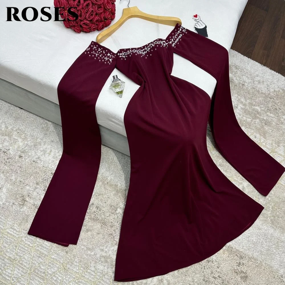 ROSES Burgundy Stain Trumpet Prom Dresses with Crystals Evening Dresses Off the Shoulder Party Dresses with Pleats Customized