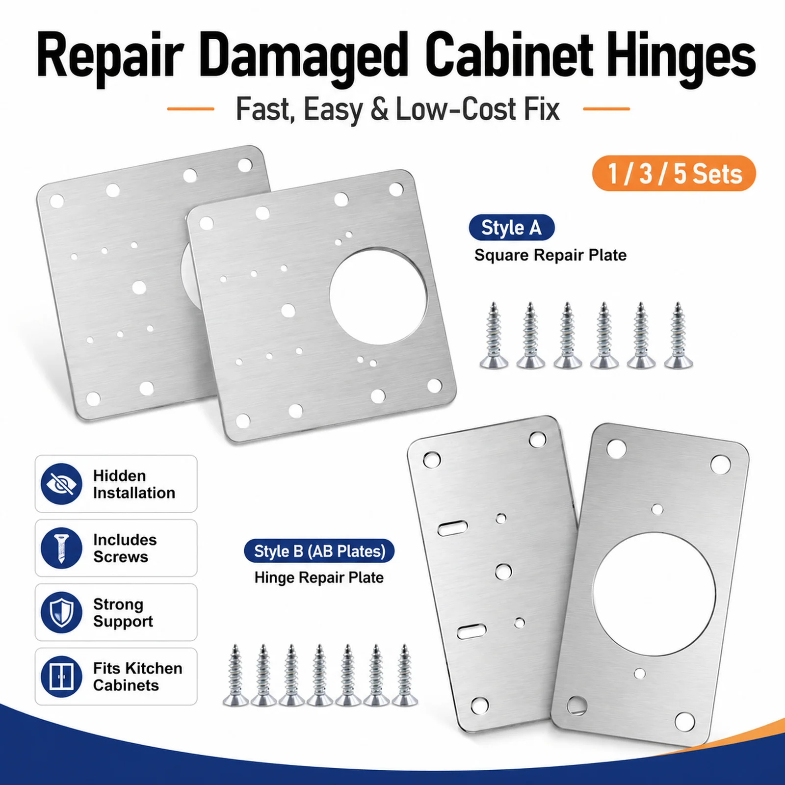 1/3/5 Set of Cabinet Door Hinge Repair Plate Kit Stainles Steel Door Hinge Mounting Plate with Holes Kitchen Cabinets Furniture
