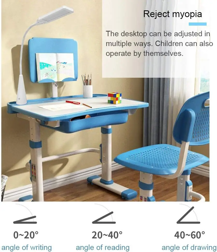 مجموعة مكتب وكرسي للأطفال، مكتب دراسة مدرسي للأطفال قابل للتعديل الارتفاع مع سطح مكتب مائل، حامل كتب، مصباح LED، خطاف معدني #3