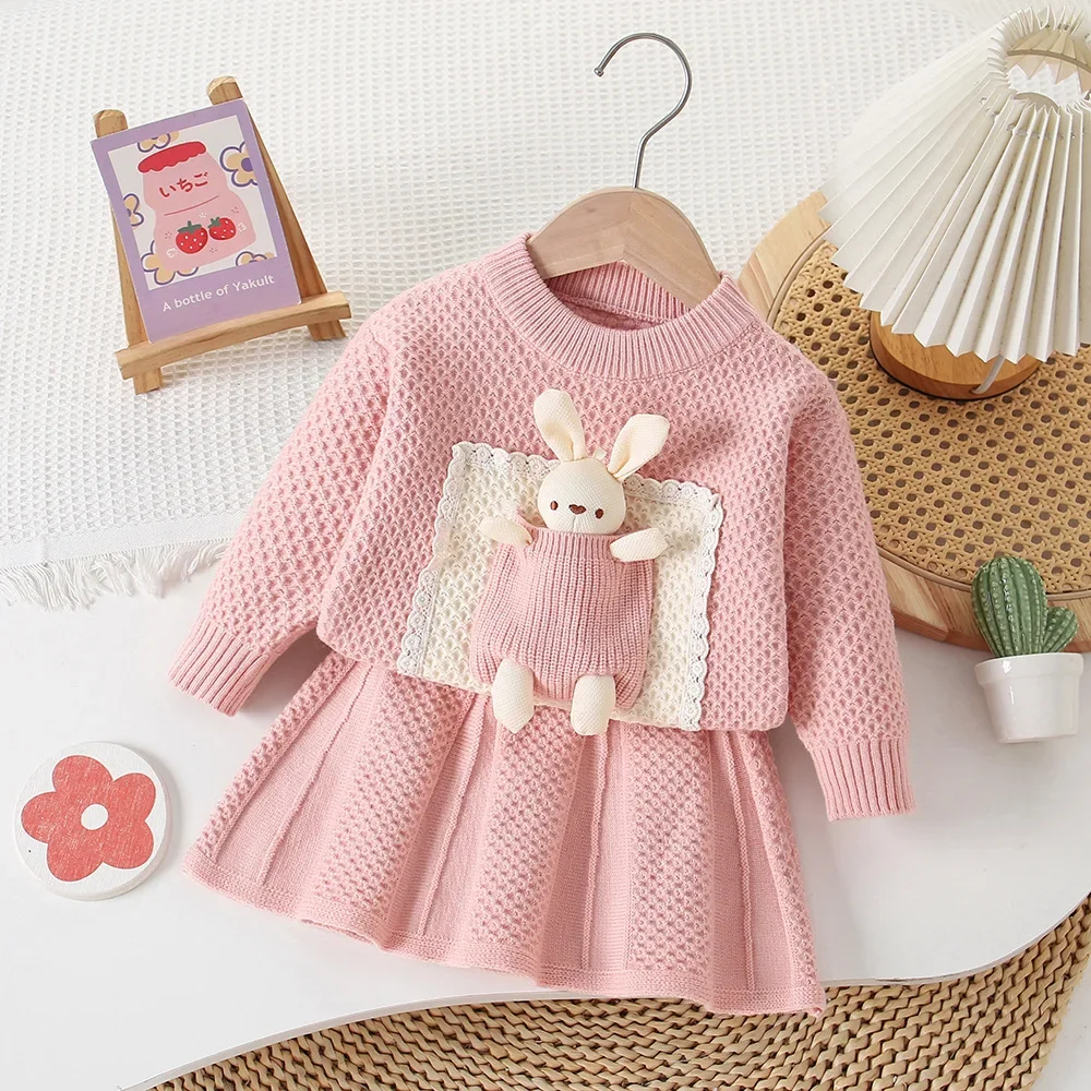 Children's Clothing Sets Bunny Embellished Knitted Top + Pleated Skirt Spring Baby Girl Clothes Kids Knitwear Sweater 2 3 4 5 6