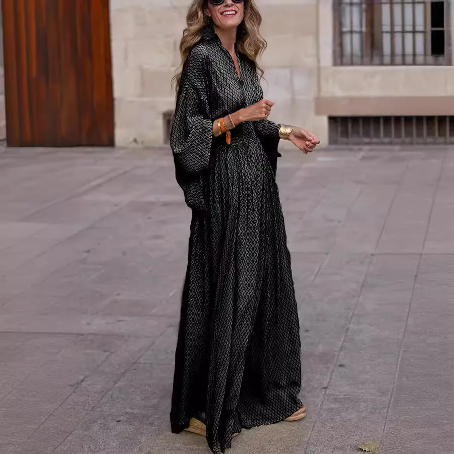Vintage Boho Women's Casual Dress Sping Fall Fashion V-neck Lantem Sleeve Folds Waist Loose Maxi Streetwear Loose Robe Femme