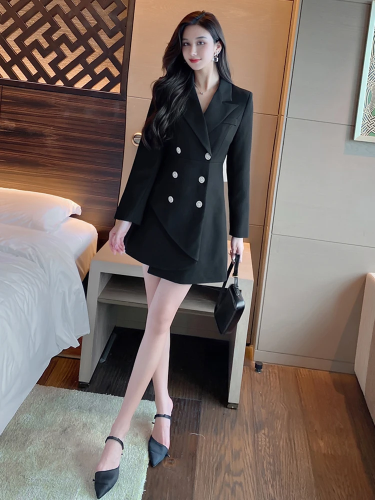 

Autumn Winter 2025 Women's Elegant Long Sleeve Suit Dress Slimming High Waist Double Button Princess Style A-Line Dress
