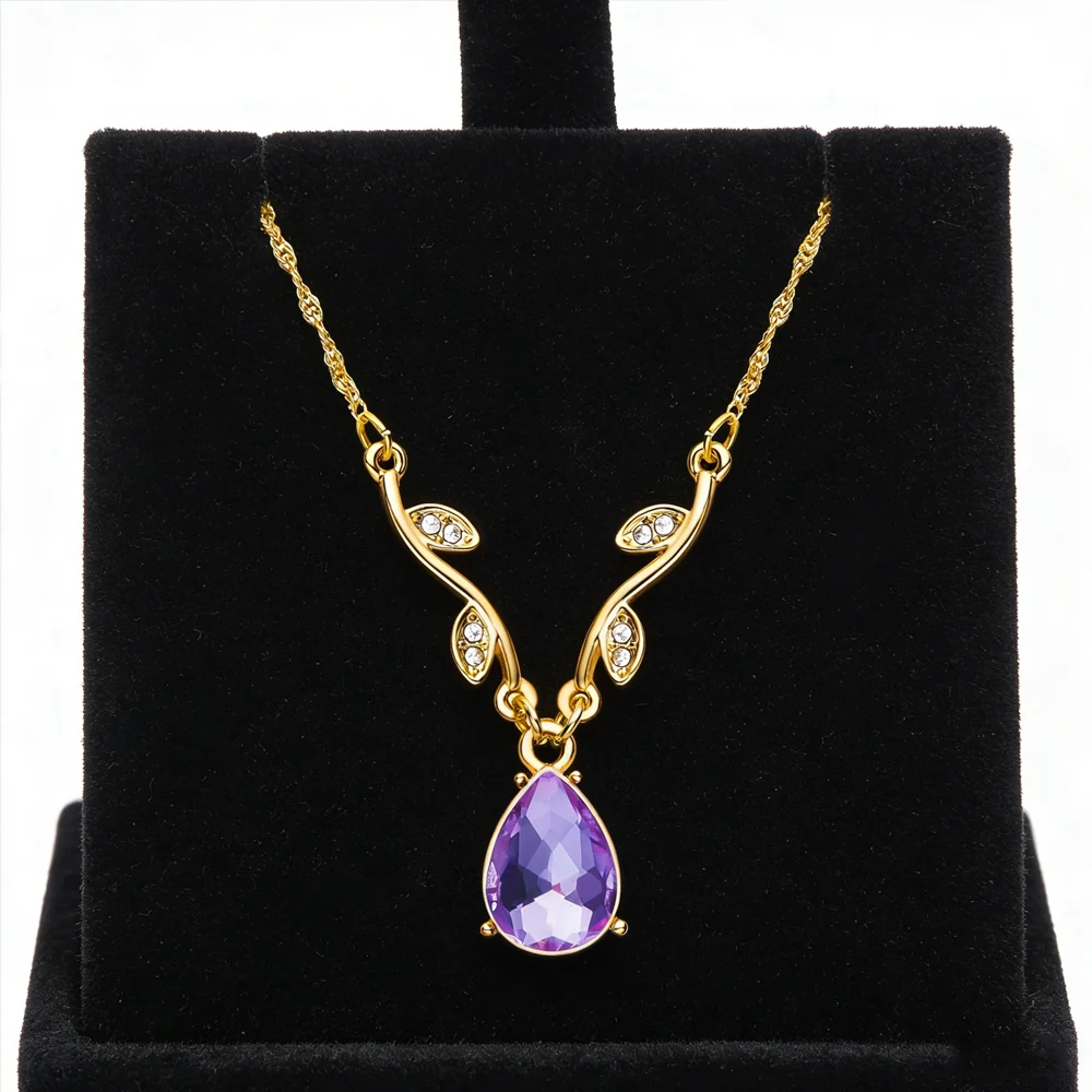 Purple Teardrop-Shaped Crystal Pendant Necklace Fashion Leaf Vine Style Suitable For Women And Brides To Wear As Jewelry