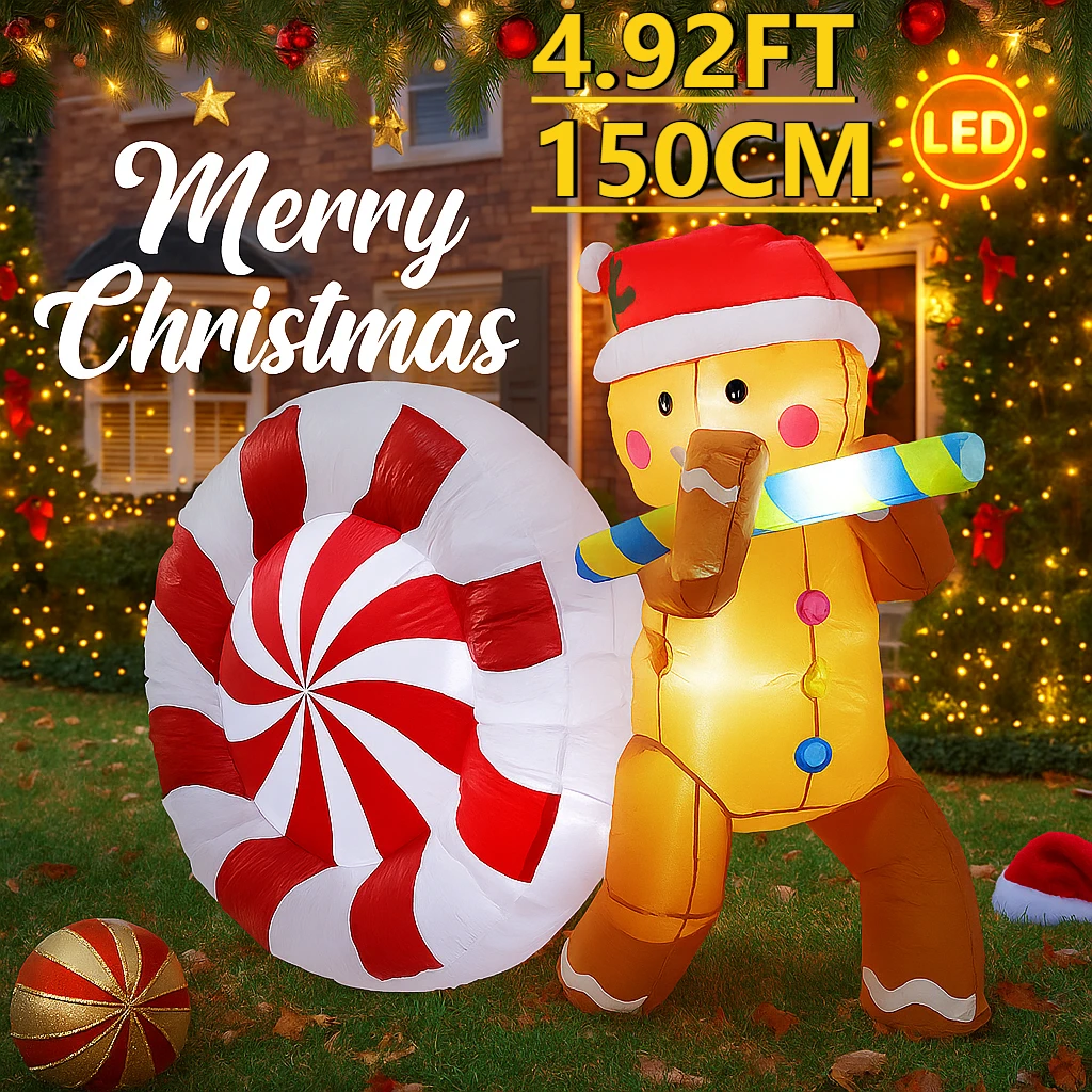 

4.92FT Christmas Inflatable Toys LED Gingerbread Man Giant Candy Supplies Home Decor Ornament Festive Gift Xmas Yard Decoration