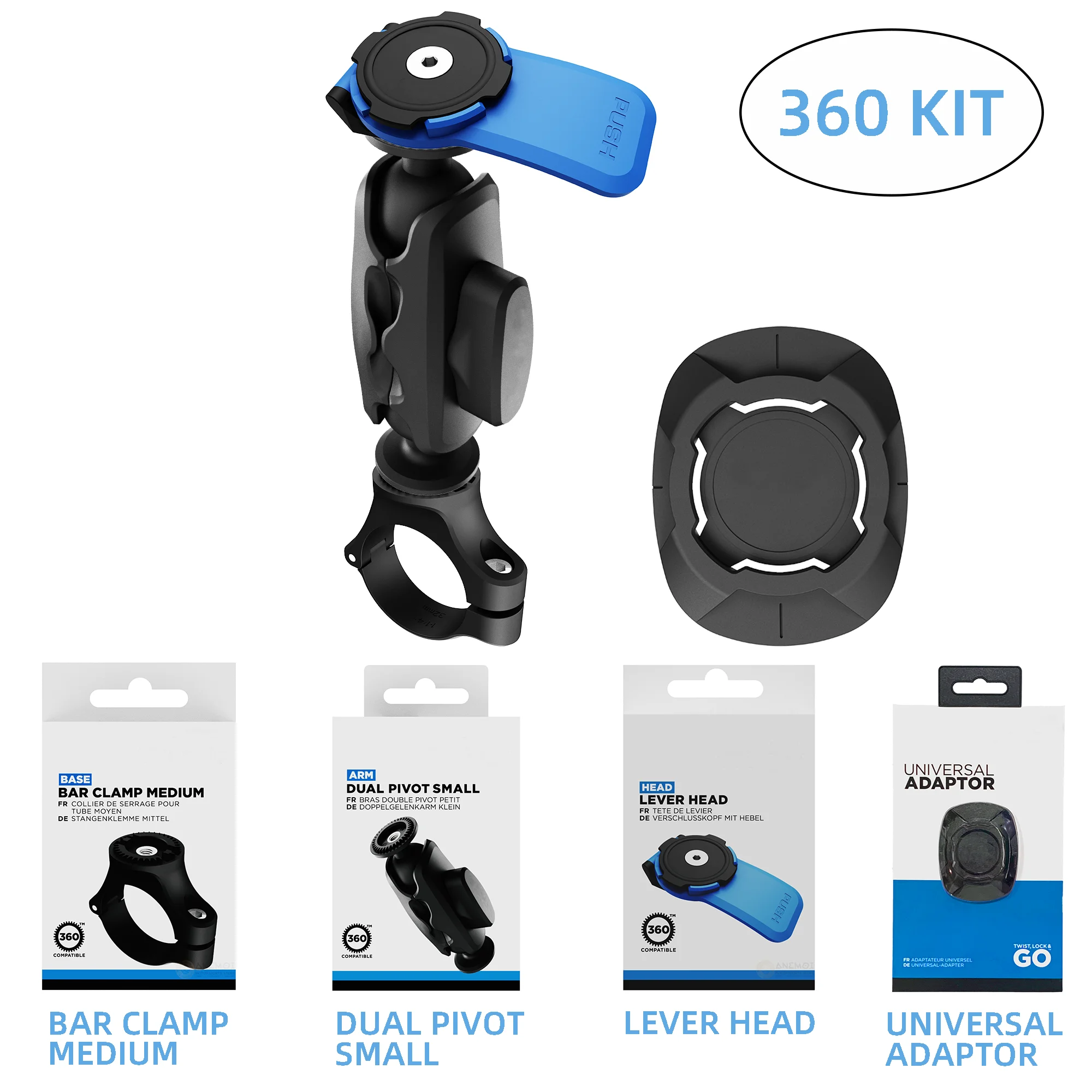 360™ KIT Phone mount - Bar Clamp Medium With DUAL PIVOT-Small And Lever Head And Universal Adaptor