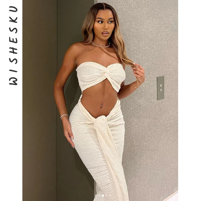 Two Piece Set Women White Skirt Outfits Women Corset Cropped Camisole Top+High Waist Knotted Long Skirt 2023 Spring Fall Clothes