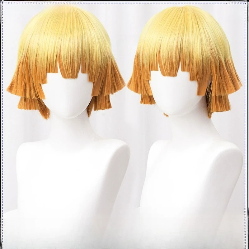 我妻善逸コスプレウィッグイエローオレンジ混合ウィッグアニメ耐熱30センチショート人工毛ハロウィンカーニバルパーティー用